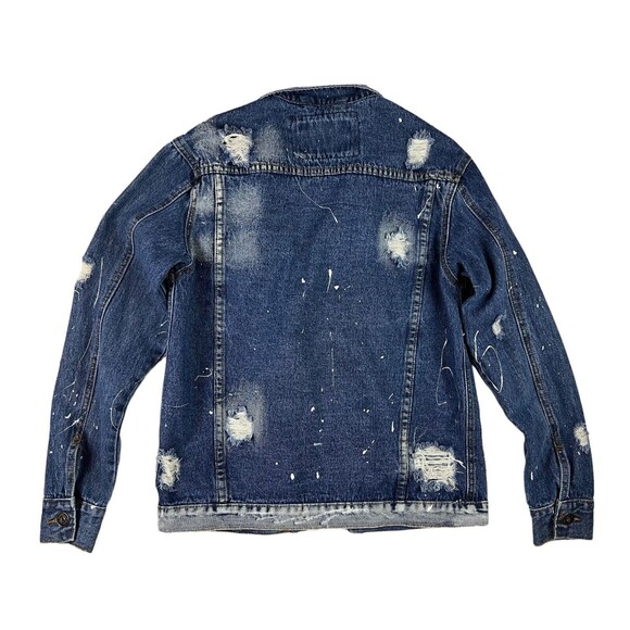Rolling Paper Denim Jean Jacket  Unisex Size S  Distressed Paint Splatter - Picture 2 of 10